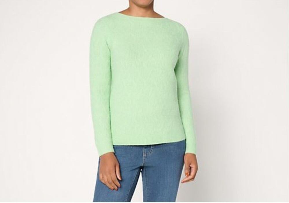 Susan Graver Size Med Green Bateau Neck Multi Stitch Sweater A712440 NWOT